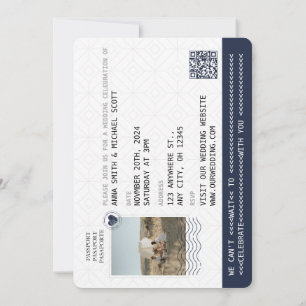 Invitación Navy Blue Gold Passport Boda de destino QR
