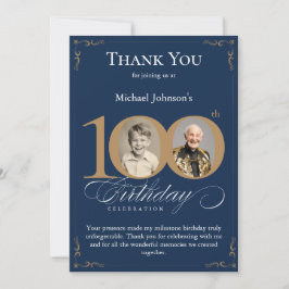 Invitación Navy Blue Gold Photo 100th Birthday Thank You Card