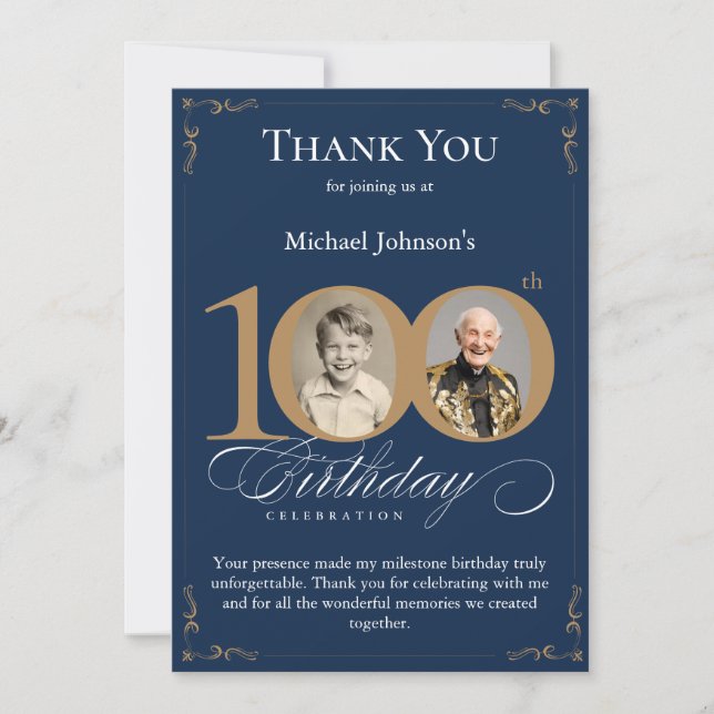 Invitación Navy Blue Gold Photo 100th Birthday Thank You Card (Anverso)