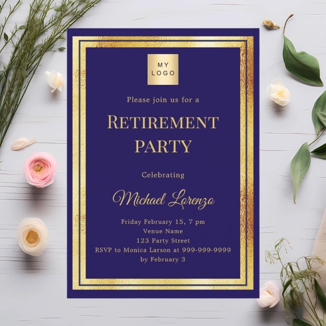 Invitación Navy blue gold retirement party business logo (Subido por el creador)
