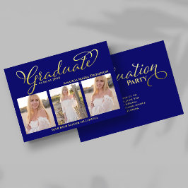 Invitación Navy Blue Gold Script Photo Collage Graduation