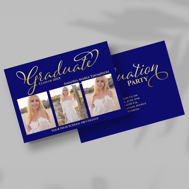 Invitación Navy Blue Gold Script Photo Collage Graduation (Navy blue and gold script graduation photo collage announcement with three senior portraits.)