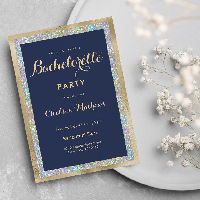 Invitación Navy blue gold silver holographic Bachelorette  (Navy blue gold silver holographic Bachelorette )
