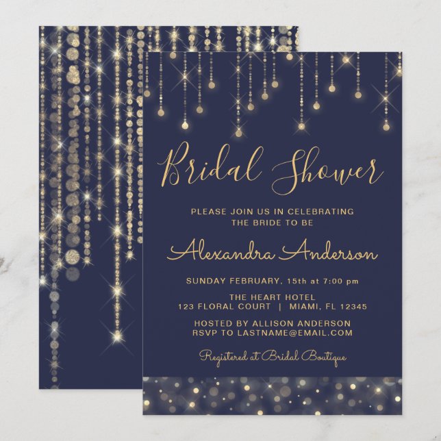 Invitación Navy Blue Gold String ilumina la ducha de novia (Anverso / Reverso)