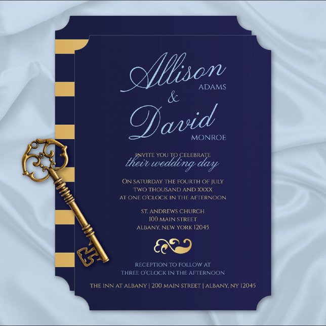 Invitación Navy Blue Gold Stripes Boda moderno (Subido por el creador)