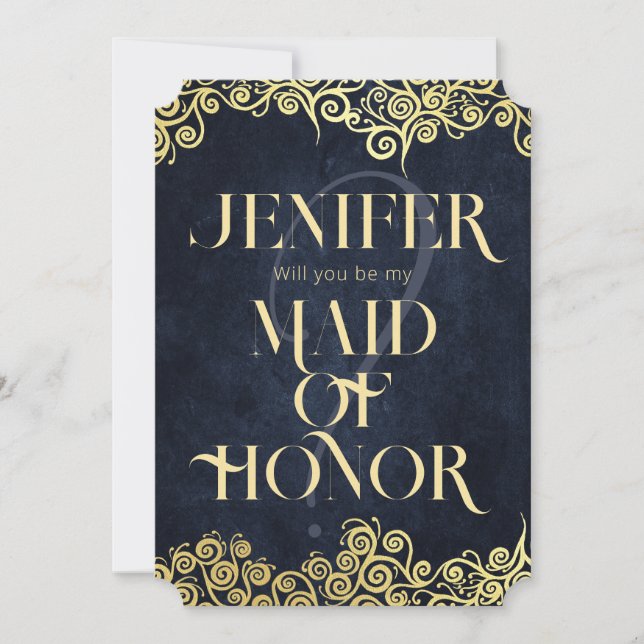 Invitación Navy Blue Gold Swirls serás mi empleada de honor (Anverso)