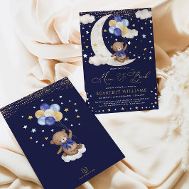 Invitación Navy Blue Gold Teddy Bear Moon & Back Baby Shower