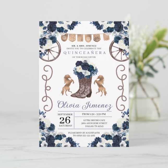 Invitación Navy Blue Gold Western Charra Boots Quinceañera (Anverso de pie)