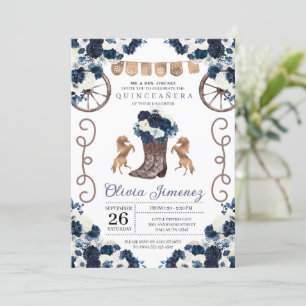 Invitación Navy Blue Gold Western Charra Boots Quinceañera