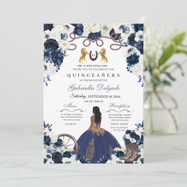 Invitación Navy Blue Gold Western Charra Ranchero Quinceanera (Anverso de pie)