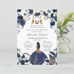 Invitación Navy Blue Gold Western Charra Ranchero Quinceanera