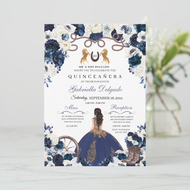 Invitación Navy Blue Gold Western Charra Ranchero Quinceanera (Anverso de pie)