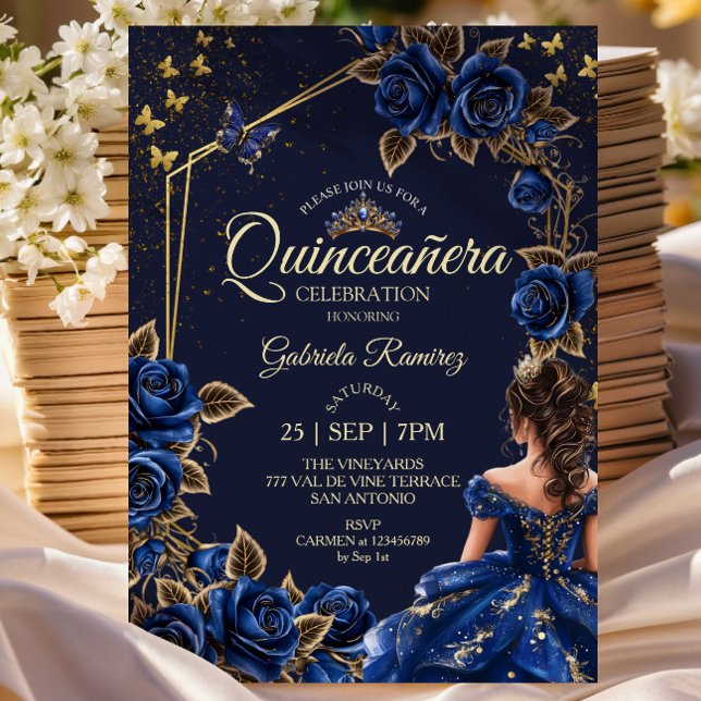 Invitación Navy Blue Golden Tiara Roses  Quinceañera (Subido por el creador)