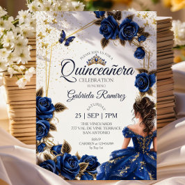 Invitación Navy Blue Golden Tiara Roses  Quinceañera