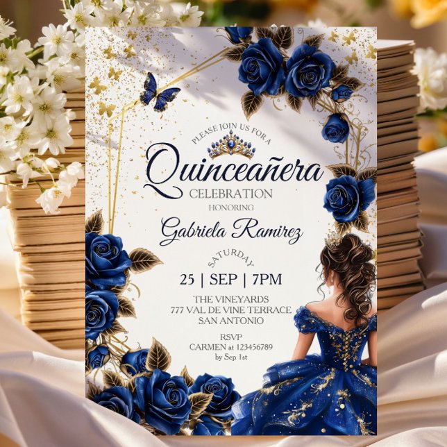 Invitación Navy Blue Golden Tiara Roses  Quinceañera (Subido por el creador)