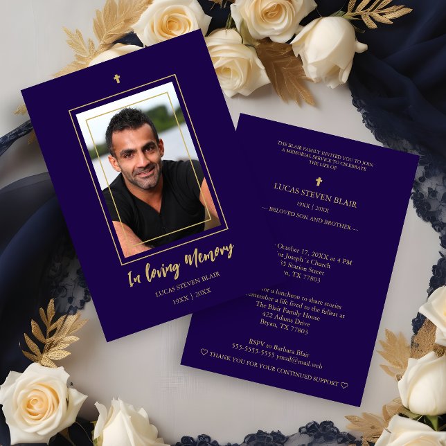 Invitación Navy Blue & Golden Traditional Elegant Funeral  (Navy Blue & Golden Traditional Elegant Funeral Photo Invitation Card. )