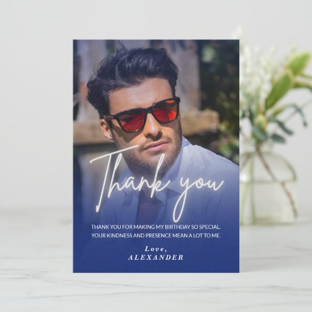Invitación Navy blue Gradient Photo Birthday Thank you card (Anverso de pie)