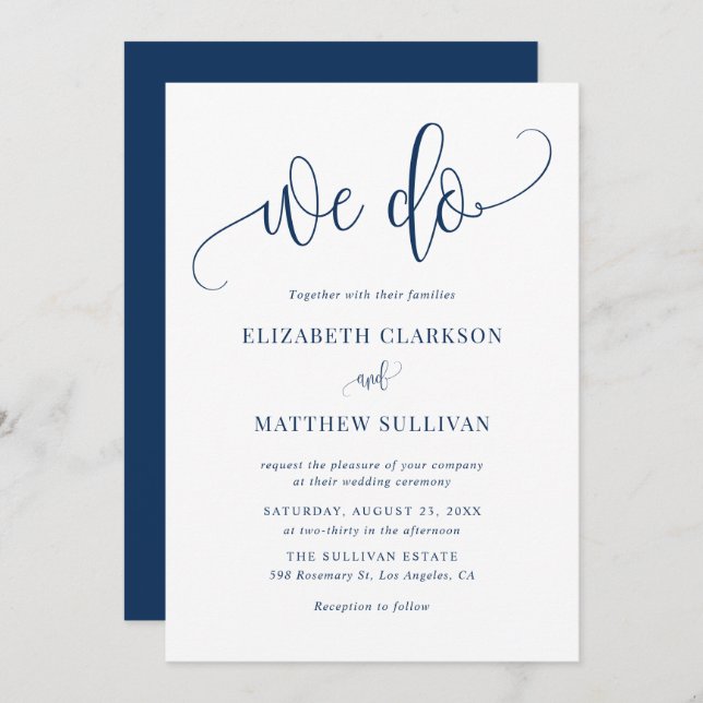 Invitación Navy Blue Hacemos Boda de caligrafía moderna (Anverso / Reverso)