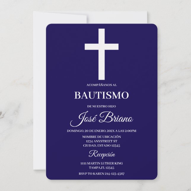 Invitación Navy blue in Spanish Baptism (Anverso)