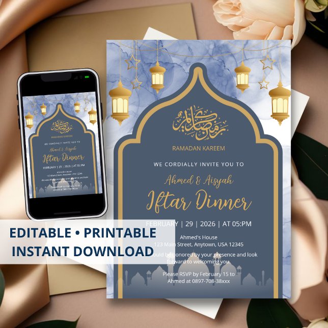 Invitación Navy Blue Ink & Gold Frame Iftar Invitation (Subido por el creador)