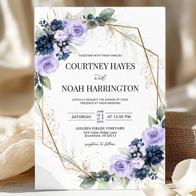 Invitación Navy Blue Lavender Purple Gold Geometric Wedding (Subido por el creador)