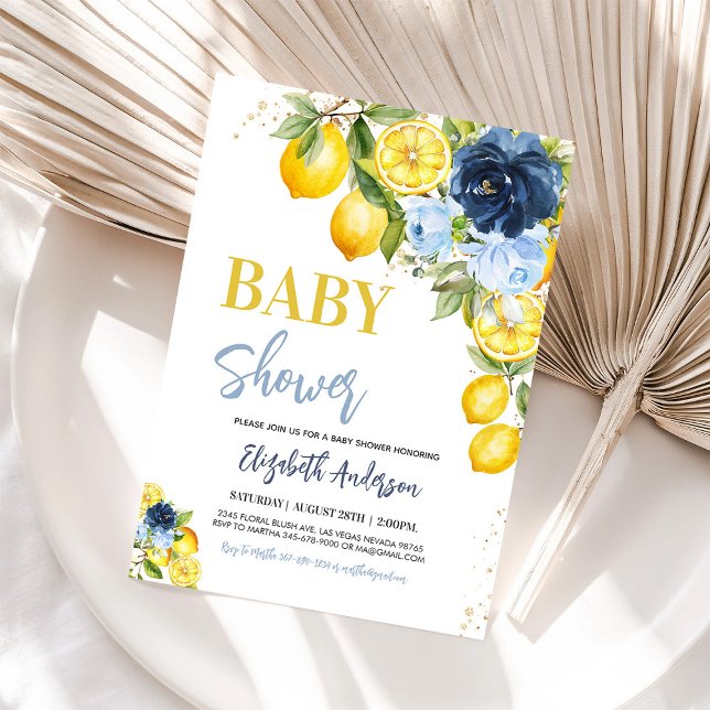 Invitación Navy Blue Lemon Citrus Floral Baby Shower (Subido por el creador)