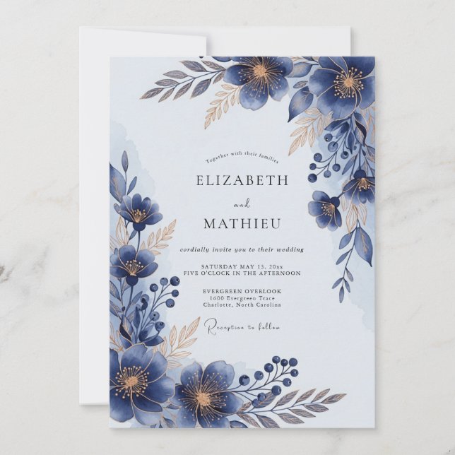 Invitación Navy Blue Lustrous Floral Wedding (Anverso)