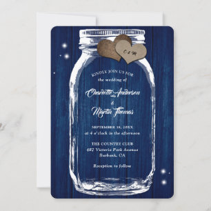 Invitación Navy Blue Mason Jar Hearts Barn Wood Boda