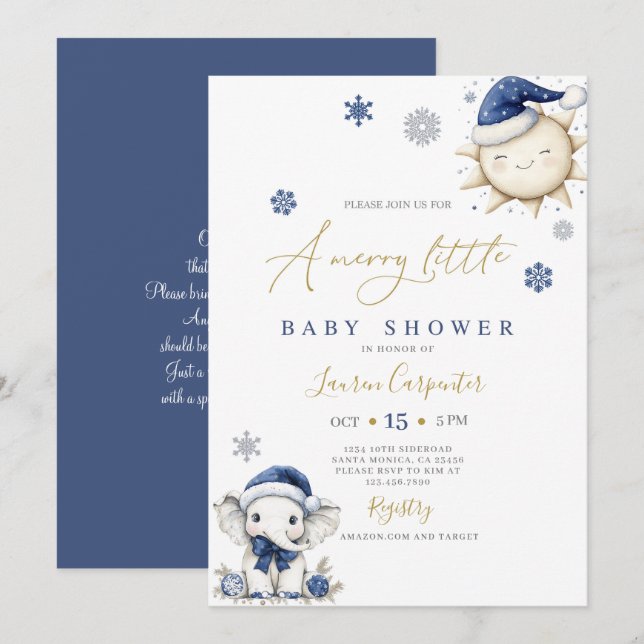 Invitación Navy Blue Merry Little Baby Shower (Anverso / Reverso)