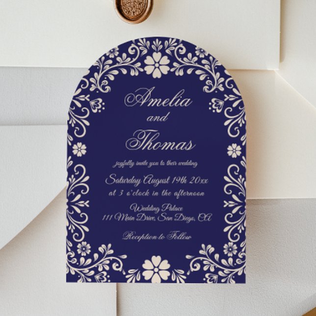 Invitación Navy Blue Mexican Floral Wedding Invitation (Subido por el creador)