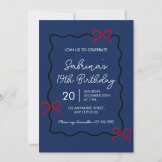 Invitación Navy Blue Modern Coquette 19th Birthday Invitation