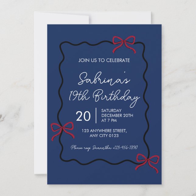 Invitación Navy Blue Modern Coquette 19th Birthday Invitation (Anverso)