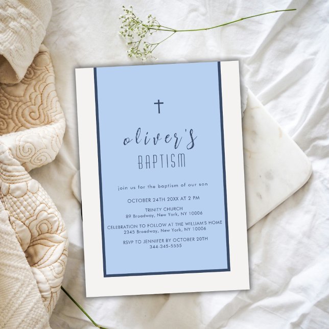 Invitación Navy Blue Modern Cross Christening Boy Baptism (Navy Blue Modern Cross Christening Boy Baptism Invitation)