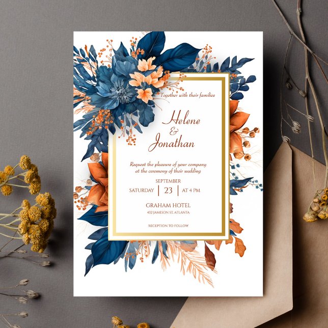 Invitación Navy Blue Modern Elegant Floral Boho Boda (Modern Elegant Floral Boho Wedding Invitation)