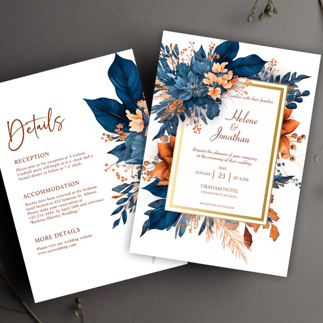 Invitación Navy Blue Modern Elegant Floral Todo En Un Boda (Navy Blue Modern Elegant Floral All In One Wedding Invitation)