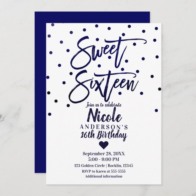 Invitación Navy Blue Modern Script Sweet 16 Dieciséis (Anverso / Reverso)