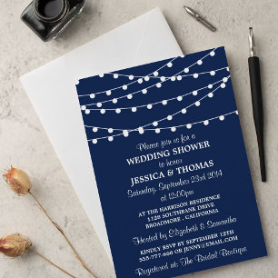 Invitación Navy Blue Modern String Lights Wedding Shower
