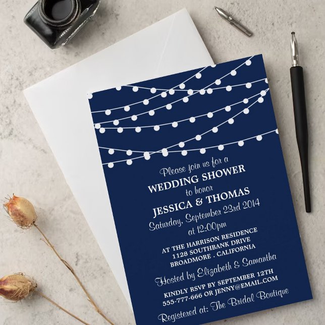 Invitación Navy Blue Modern String Lights Wedding Shower (Subido por el creador)