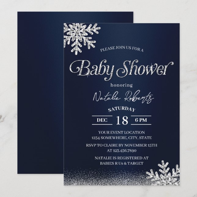 Invitación Navy Blue Modern Winter Snowflakes Baby Shower (Anverso / Reverso)