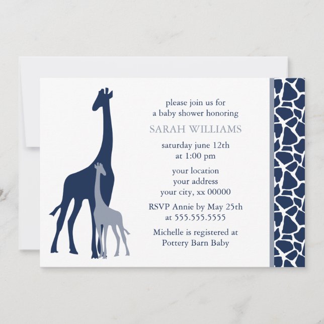 Invitación Navy Blue Mom y Baby Giraffe Baby Shower (Anverso)