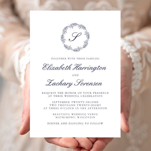 Invitación Navy Blue Monogram Wreath Script Wedding (Subido por el creador)