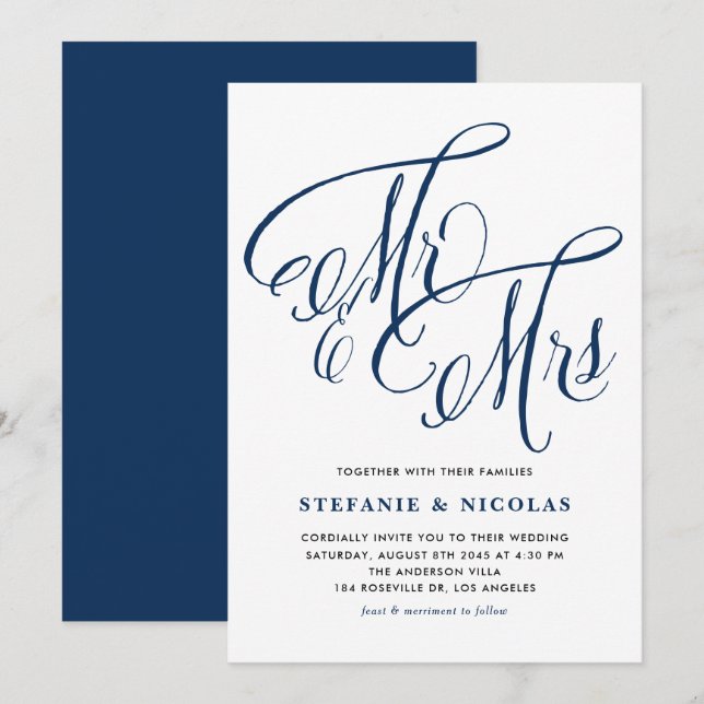 Invitación Navy Blue Mr. y la Sra. Rustic Calligraphy Boda (Anverso / Reverso)