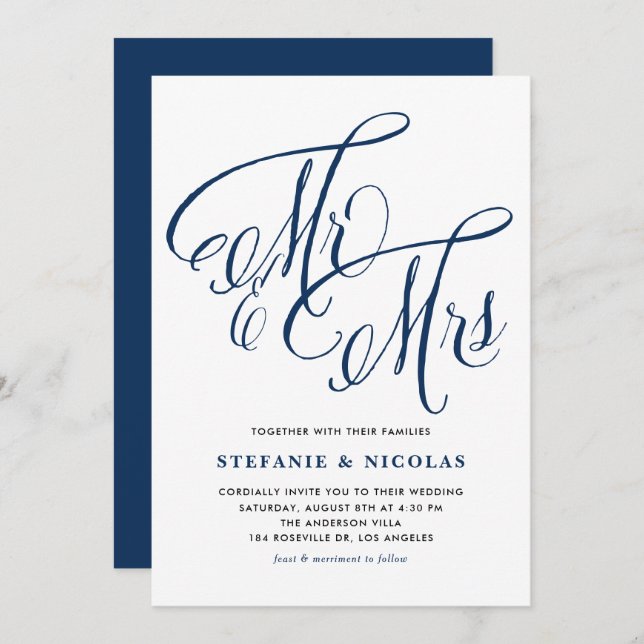 Invitación Navy Blue Mrs. y Rustic Script Boda (Anverso / Reverso)