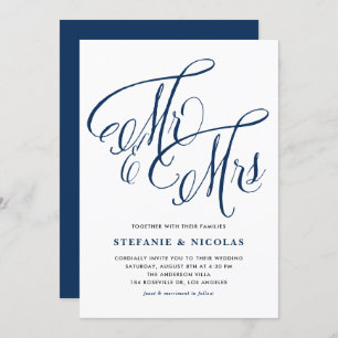 Invitación Navy Blue Mrs. y Rustic Script Boda