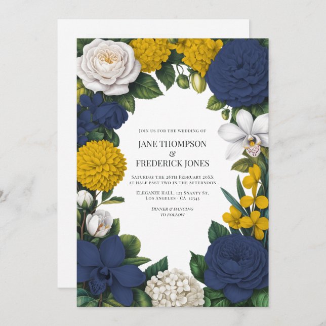 Invitación Navy Blue, Mustard Yellow & White Floral Wedding (Anverso / Reverso)