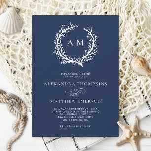 Invitación Navy Blue Nautical Coral Reef Wedding