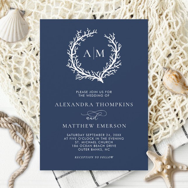 Invitación Navy Blue Nautical Coral Reef Wedding (Subido por el creador)