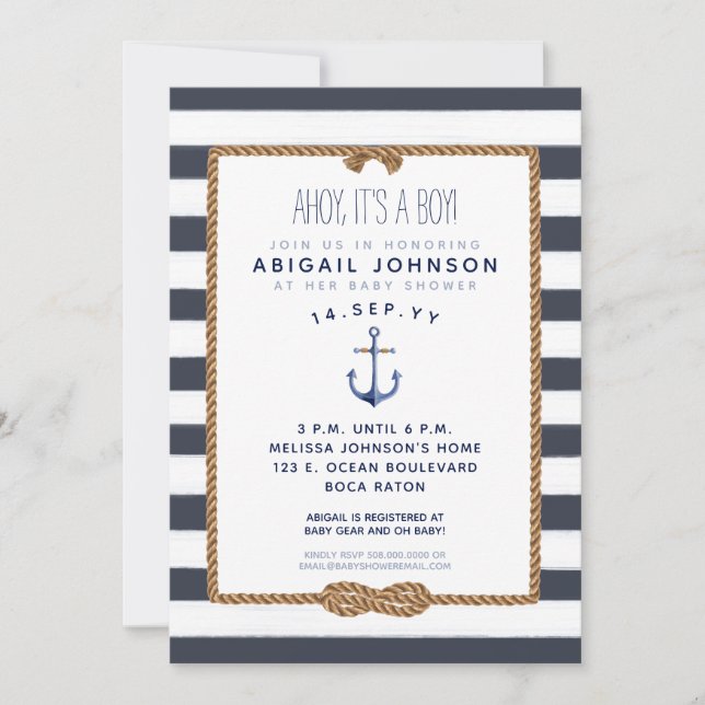 Invitación Navy Blue Nautical Infinity Knot Baby Shower (Anverso)