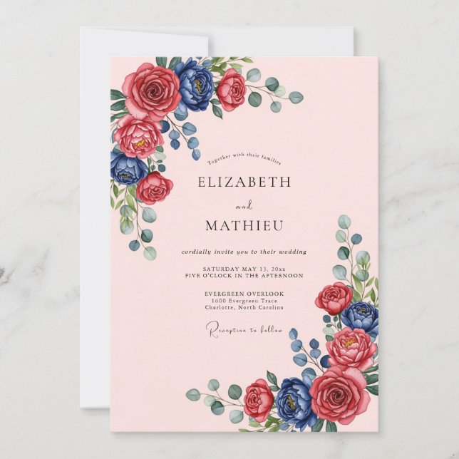 Invitación Navy Blue Ornate Rose Wedding (Anverso)