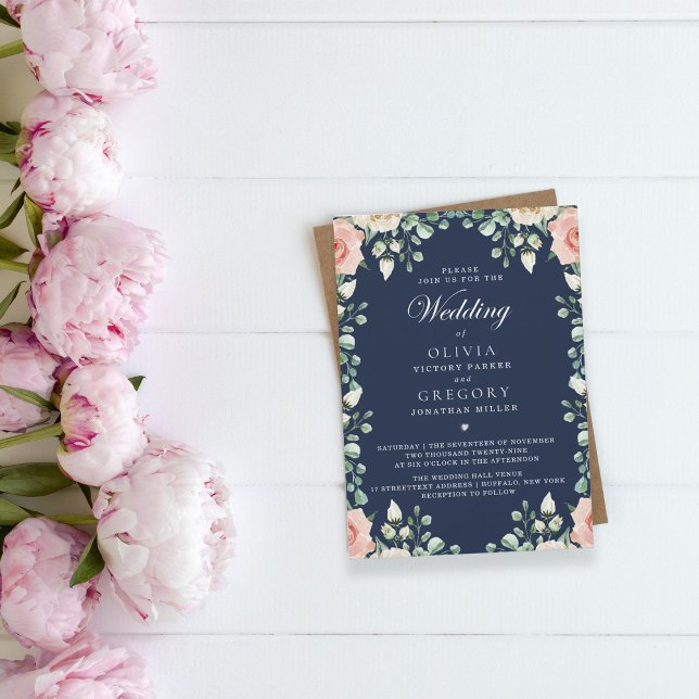 Invitación Navy Blue, Pale Pink Floral Wedding (Subido por el creador)